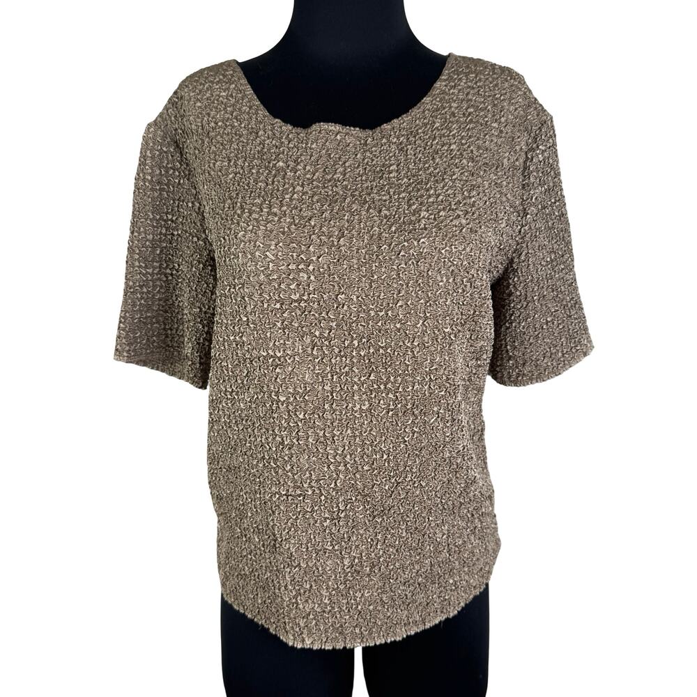 Gold Beige Bubble Knit Popcorn Texture Stretch Keyhole Short Sleeve Top Neutral
